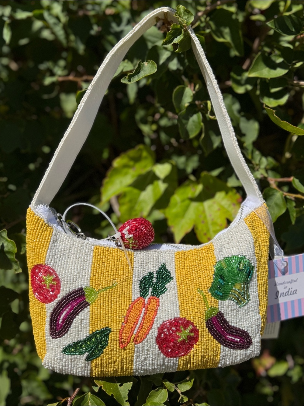 NWT Made in India Vegetable Veggie Yellow White Striped Beaded Shoulder Bag